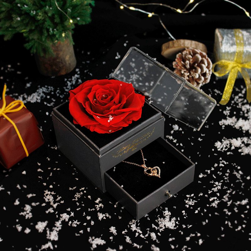 SoftDream Valentine's Gift Eternal Preserved Real Rose With Love You Necklace In 100 Languages Preserved Roses Acrylic Box Set