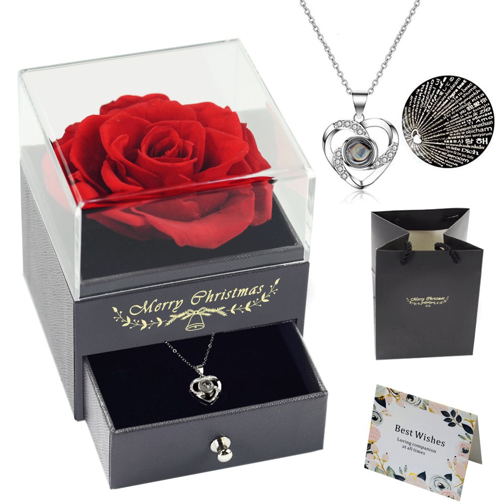 SoftDream Valentine's Gift Eternal Preserved Real Rose With Love You Necklace In 100 Languages Preserved Roses Acrylic Box Set