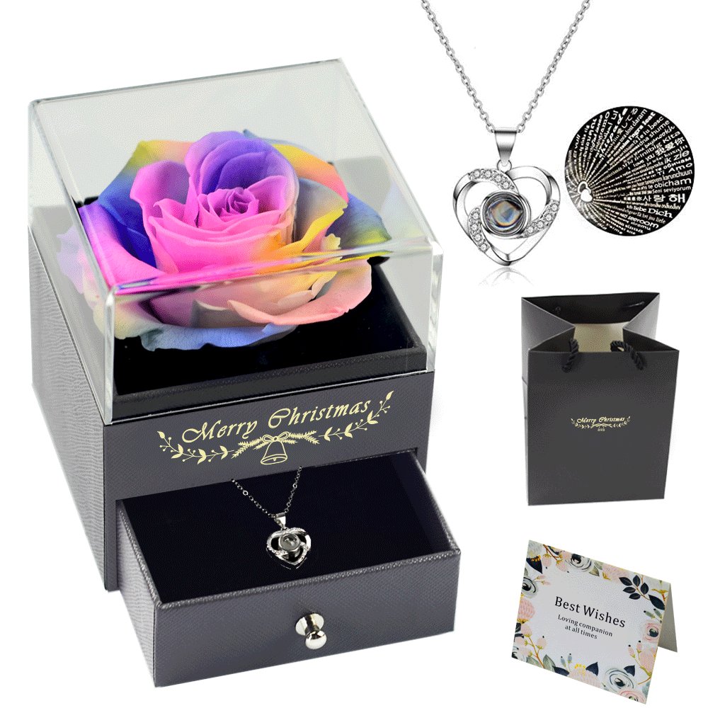 SoftDream Valentine's Gift Eternal Preserved Real Rose With Love You Necklace In 100 Languages Preserved Roses Acrylic Box Set