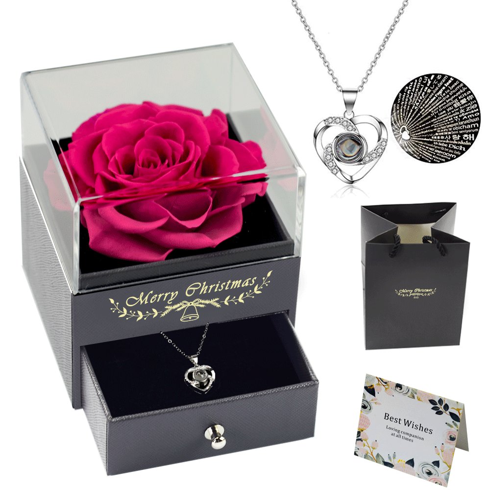 SoftDream Valentine's Gift Eternal Preserved Real Rose With Love You Necklace In 100 Languages Preserved Roses Acrylic Box Set