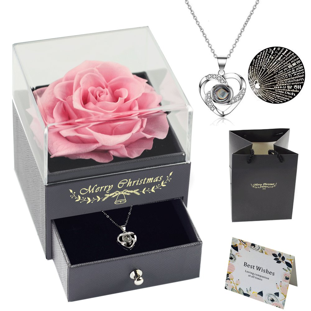 SoftDream Valentine's Gift Eternal Preserved Real Rose With Love You Necklace In 100 Languages Preserved Roses Acrylic Box Set