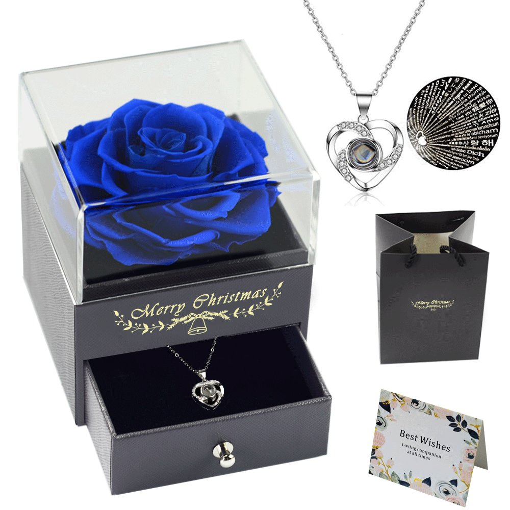 SoftDream Valentine's Gift Eternal Preserved Real Rose With Love You Necklace In 100 Languages Preserved Roses Acrylic Box Set