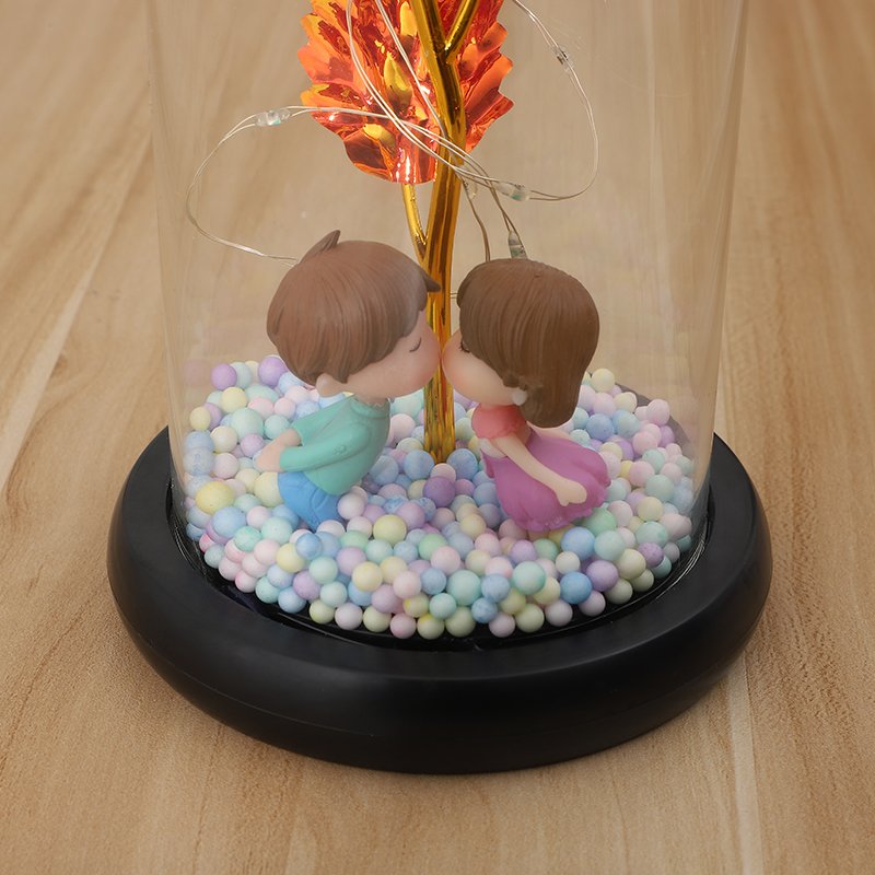 Gold Foil Rose in Glass Dome Decorative Flowers With lights for Valentine