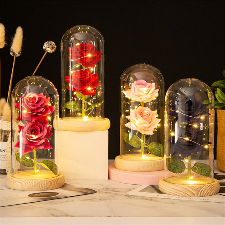 Eternal Rose Artificial Rose Flower Glass Dome with LED Romantic Gift for Woman Wife Girlfriend on Valentine's Day Mother's Day