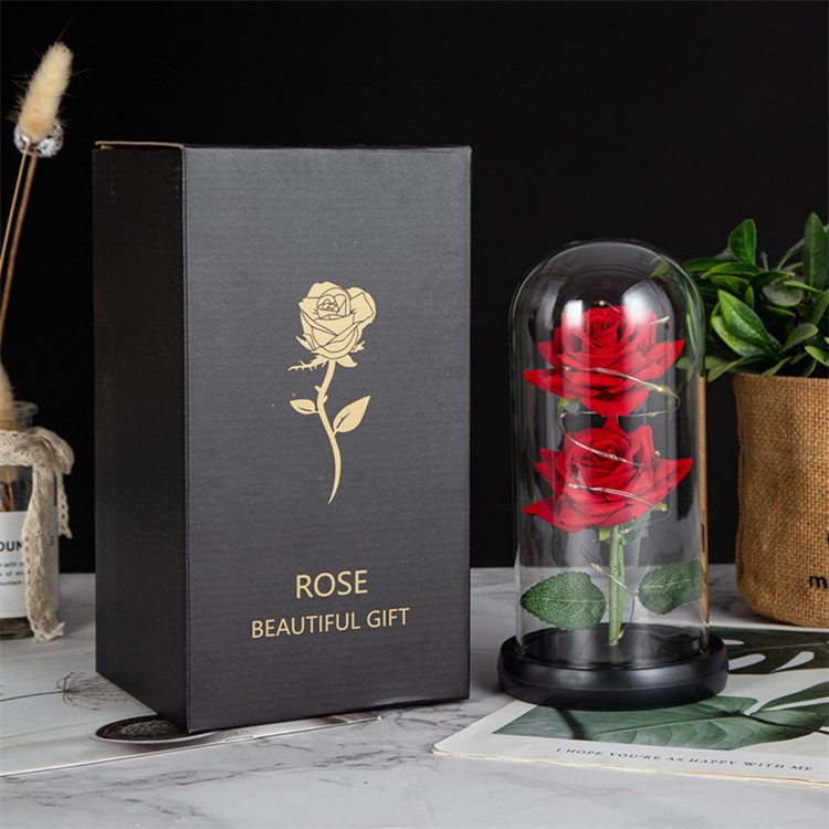 Eternal Rose Artificial Rose Flower Glass Dome with LED Romantic Gift for Woman Wife Girlfriend on Valentine's Day Mother's Day