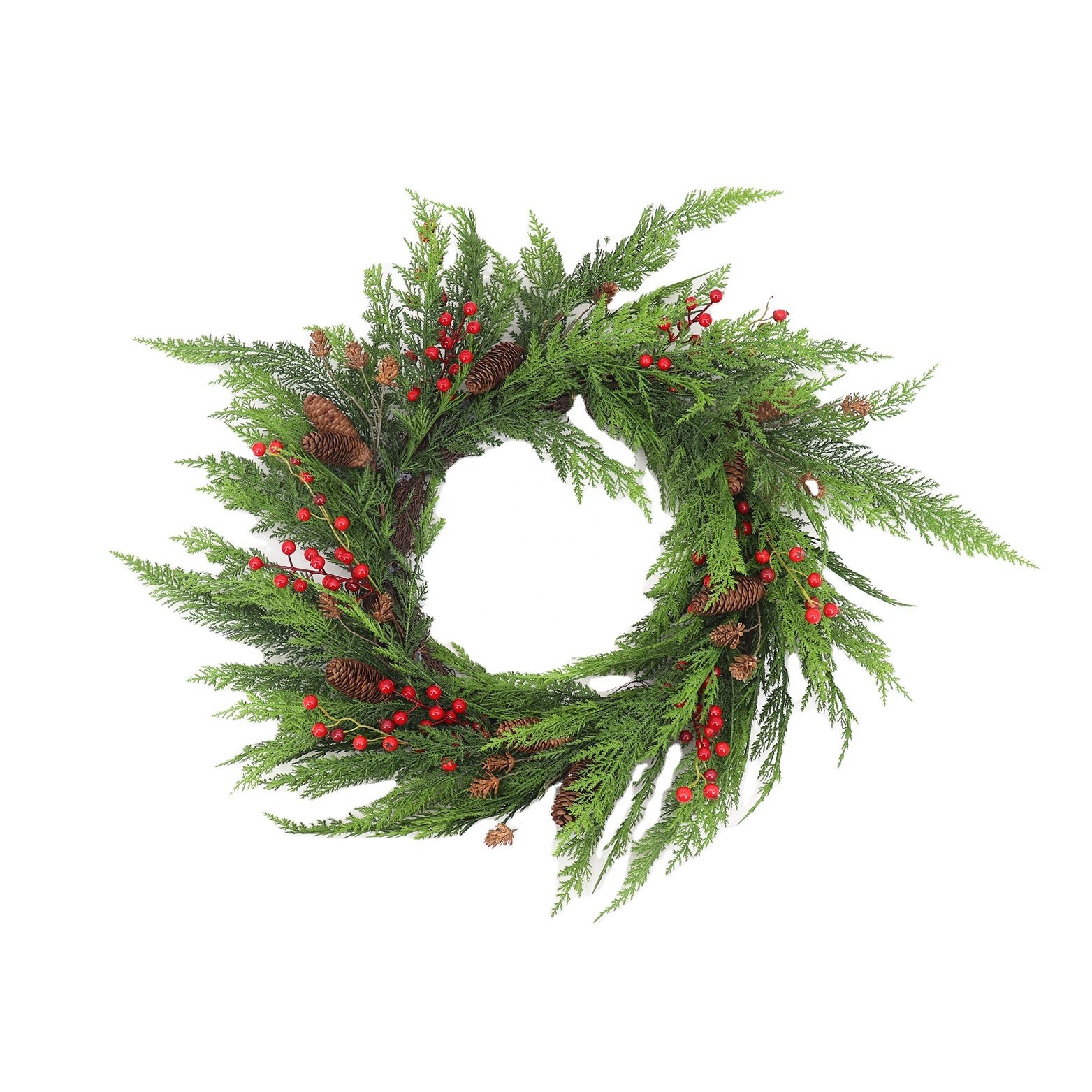 Exquisite 76cm Red Fruit Ring with Long Flat Cypress Pine Cone Indoor/Outdoor Christmas Decoration Preserved Flowers & Plants