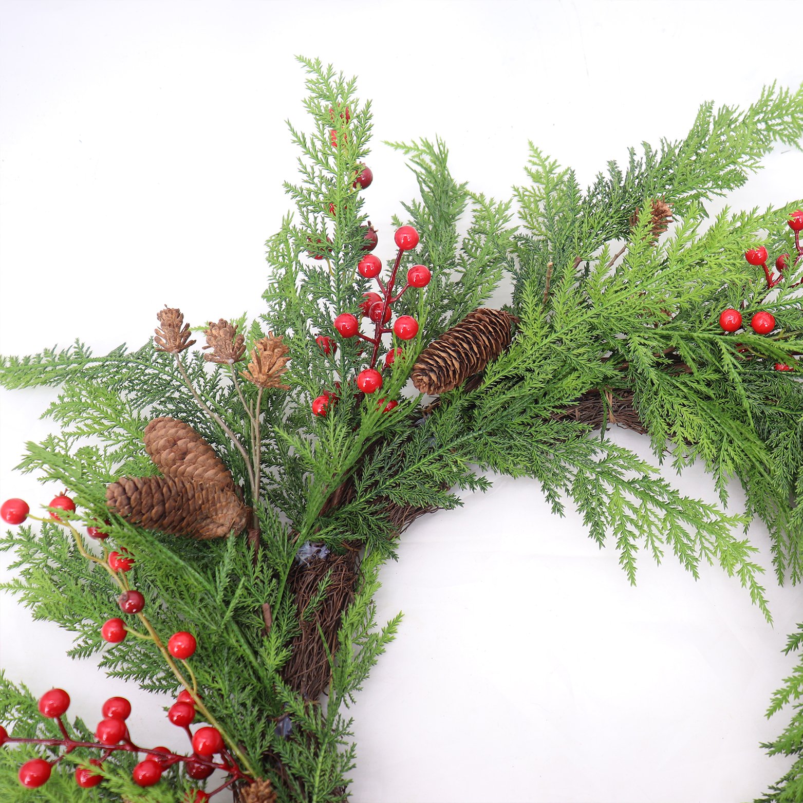 Exquisite 76cm Red Fruit Ring with Long Flat Cypress Pine Cone Indoor/Outdoor Christmas Decoration Preserved Flowers & Plants