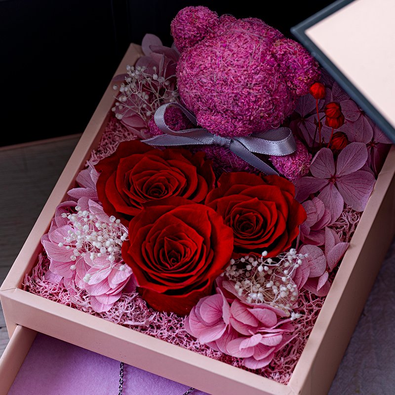 Valentine's Day Christmas Gift Moss Bear Eternal Flower Double Door Rose Yunnan Eternal Flower Gift Box