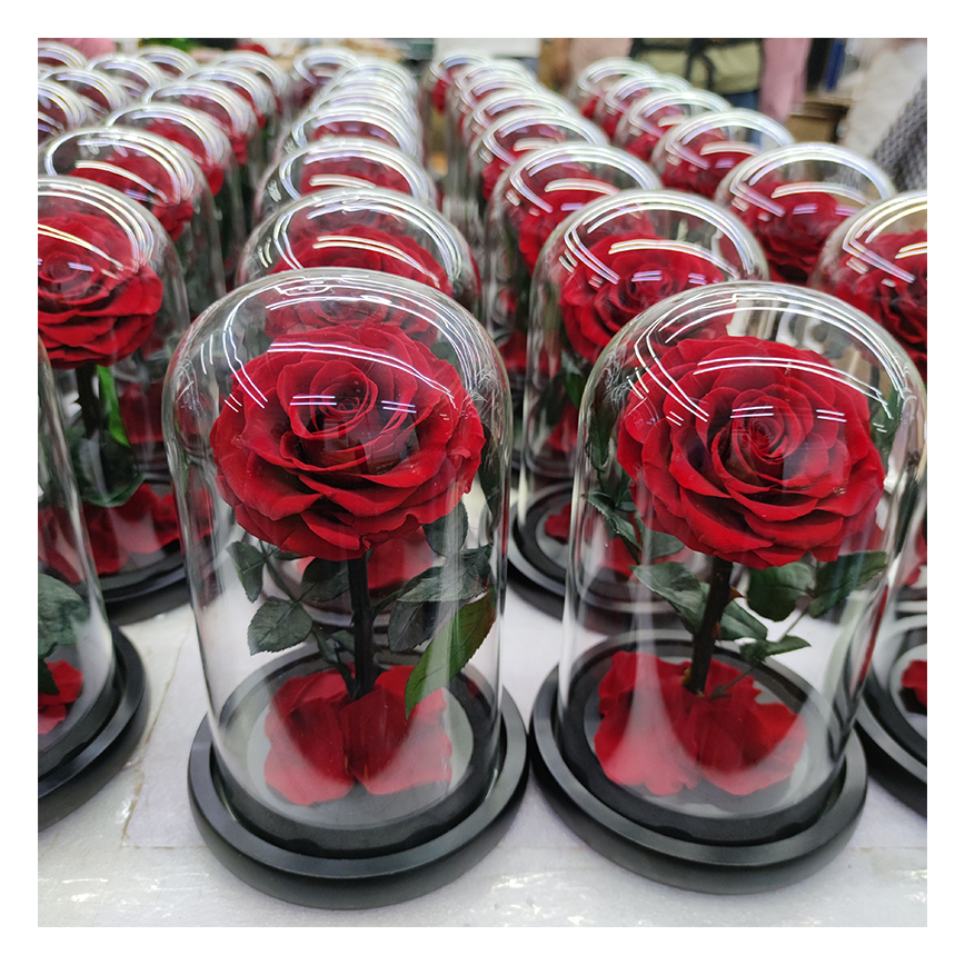 New elegant decorative preserved rose preserved flower glass dome heart design preserved rose flower in glass heart dome