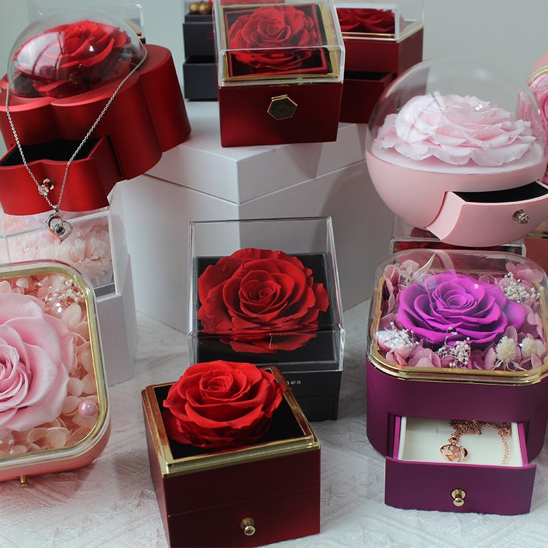 Lovebay Best Valentine Day Gift Handmade Real Preserved Roses Eternal Long Lasting Rose Reversible Preserved Flower Jewelry Box