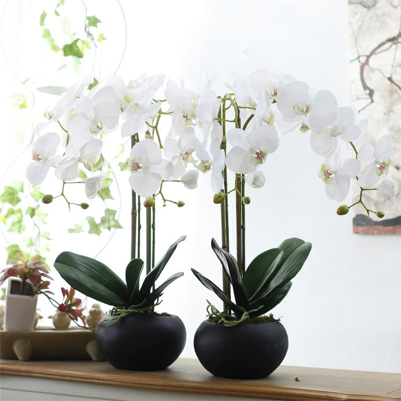 High Quality Fake Orchid Flower Bonsai Artificial Real Touch Orchid Round Pot For Home Decor