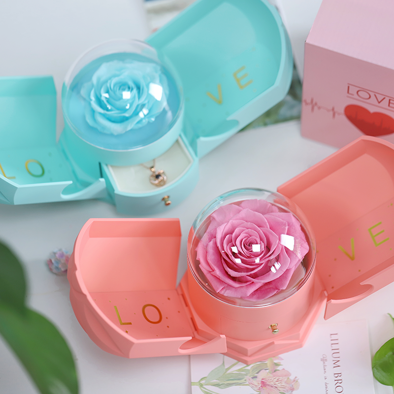 Customized Preserved Flowers Pendant Flowers Mothers Day Preserved Flowers Acrylic Box Eternal Rose Jewelry Box for Gifts