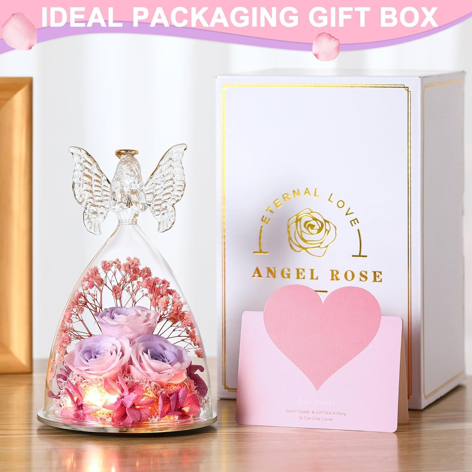 Glass Angel Figurine with Three Roses Gifts Mothers Day Rose Gifts for Her Preserved Forever Real Rose Gifts for Women