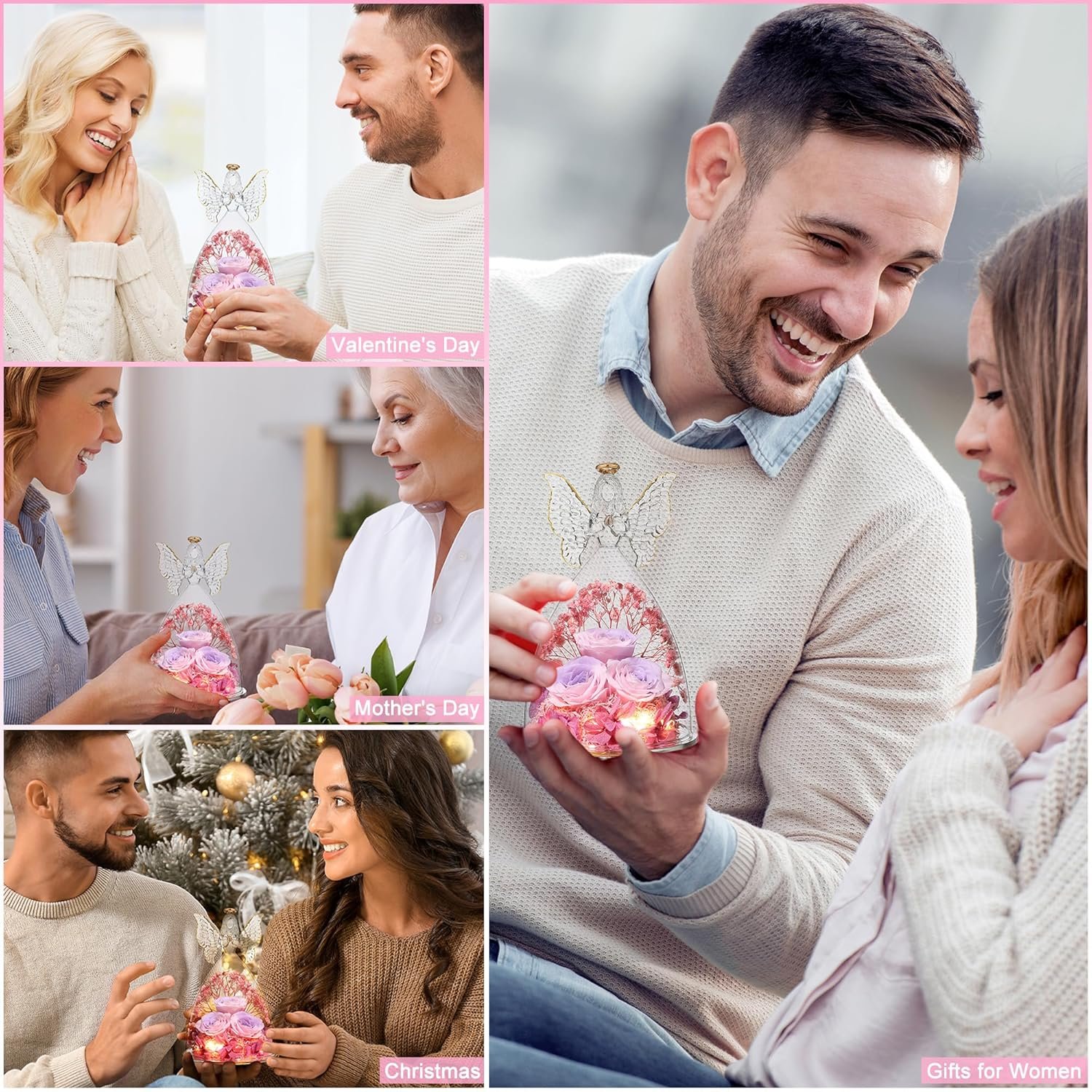 Glass Angel Figurine with Three Roses Gifts Mothers Day Rose Gifts for Her Preserved Forever Real Rose Gifts for Women
