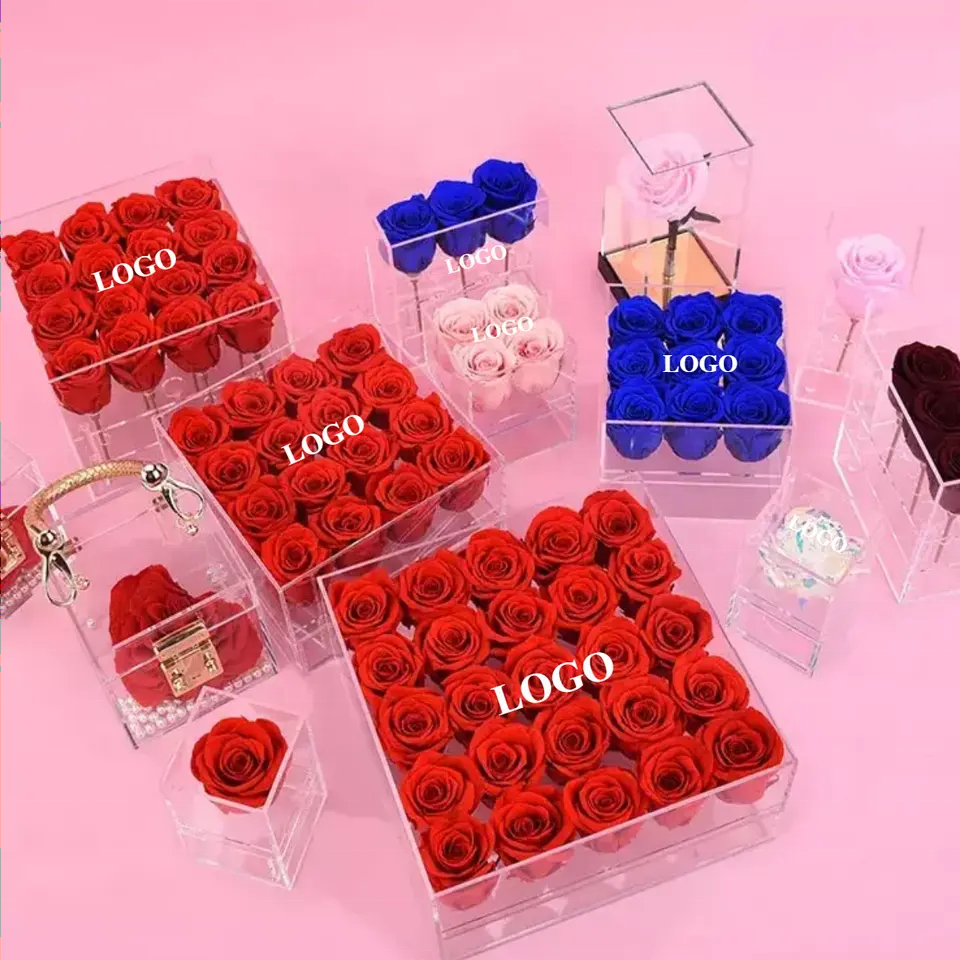 Luxury Blue 25 Forever Roses Rosa Eterna Rose Eternelle Preserved Stabilized Eternity Flowers In Acrylic Box
