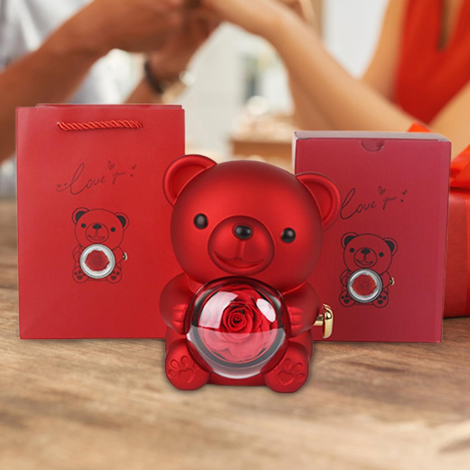 New Product Ideas 2024 Valentines Day Gift Luxury Rotating Hug Cute Teddy Bear Jewelry Box Preserved Rose Gift Real Eternal Rose