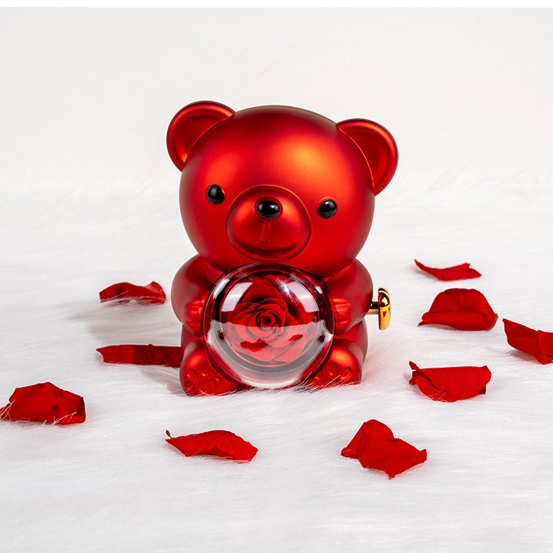 New Product Ideas 2024 Valentines Day Gift Luxury Rotating Hug Cute Teddy Bear Jewelry Box Preserved Rose Gift Real Eternal Rose