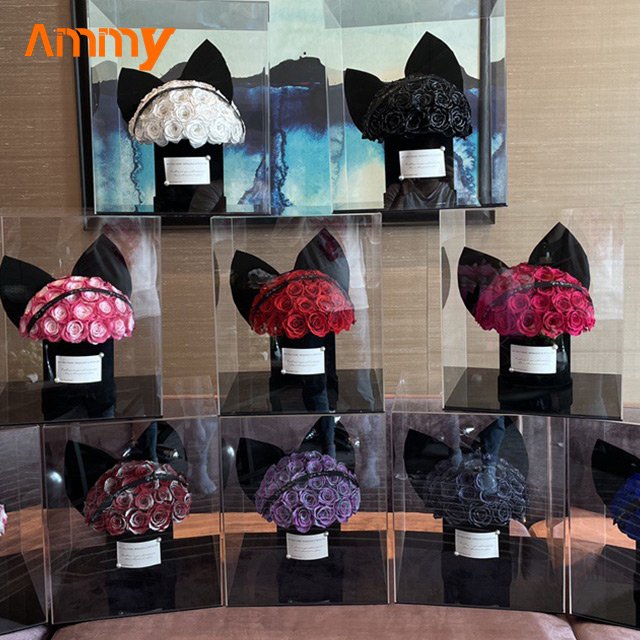 Ammy forever roses preserved flowers Mushroom head Acrylic gift box Eternal flower gift for valentines day wedding decoration