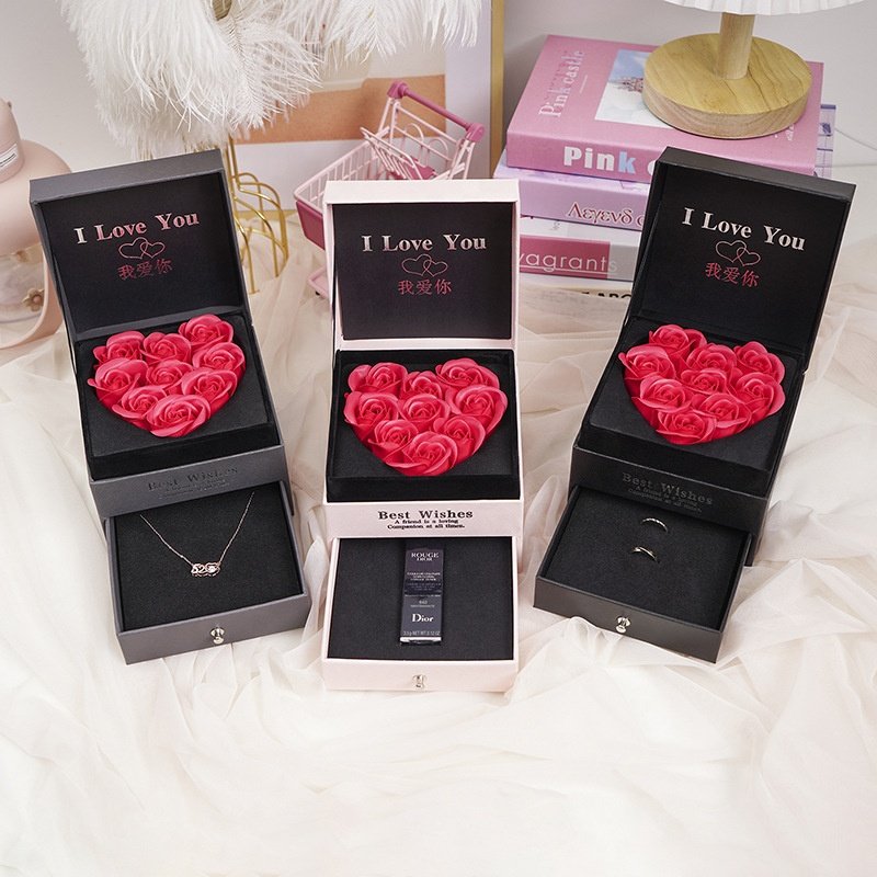 Heart Shape Eternal Soap Rose Flower Jewelry Box Rose Gift Box Christmas Valentines Mothers Day Gift for Mom Women Girlfriend