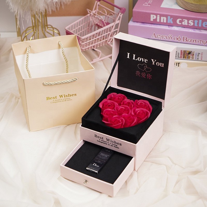 Heart Shape Eternal Soap Rose Flower Jewelry Box Rose Gift Box Christmas Valentines Mothers Day Gift for Mom Women Girlfriend