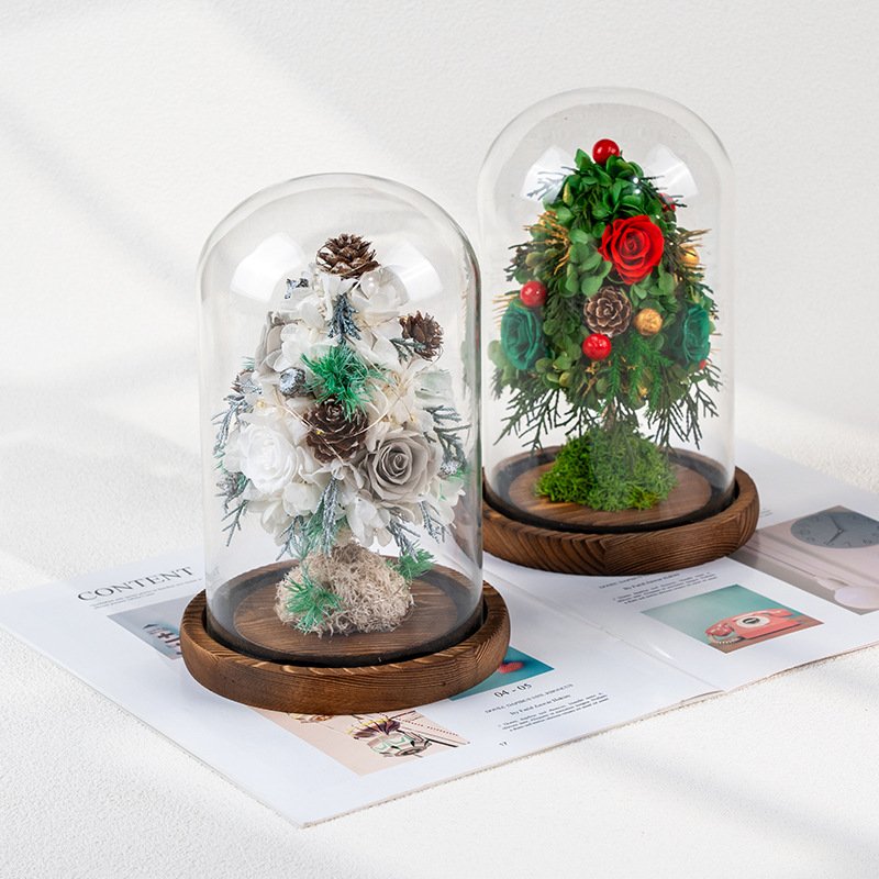 New Design Creative Glass Cover Christmas Tree Gift Desktop Decoration Ornaments Preserved Rose Christmas Gift