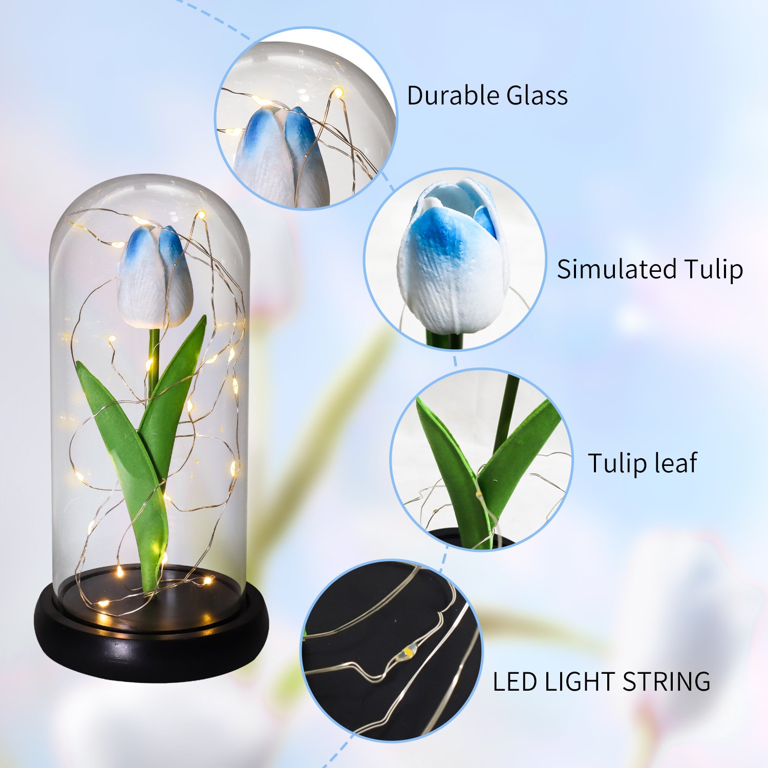 2024 Mother's Day Gift Forever Tulip Led Light String Preserved Artificial Tulip in Glass Dome Gifts for Mom Women