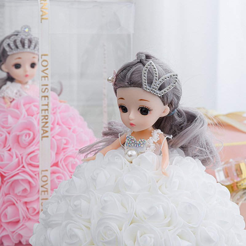 Popular Lovely Cute Girl Artificial Flower Doll Rose Colorful Preserved Flower Gift Box for New Year