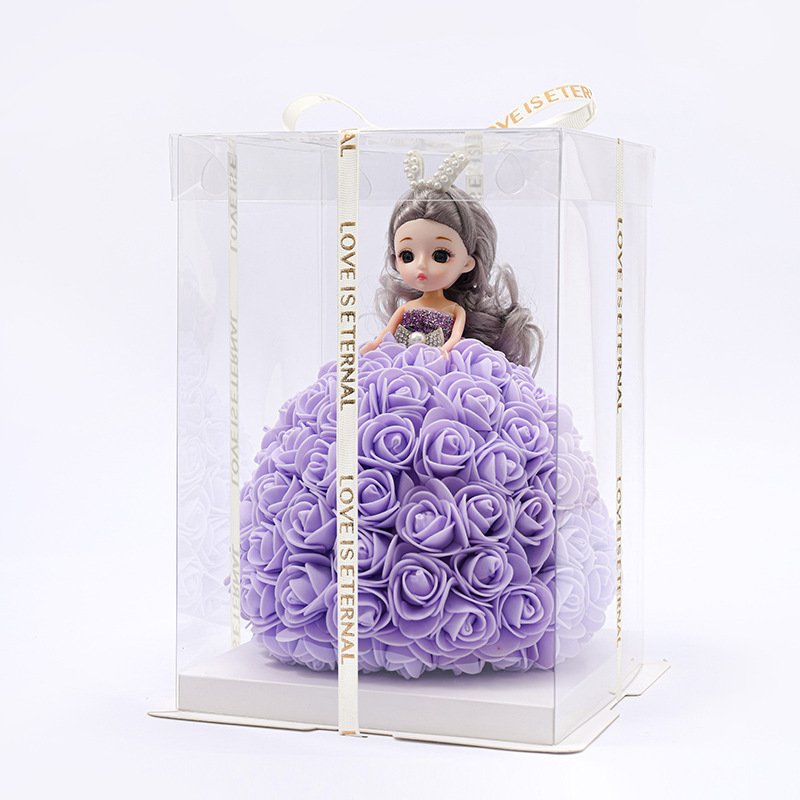Popular Lovely Cute Girl Artificial Flower Doll Rose Colorful Preserved Flower Gift Box for New Year