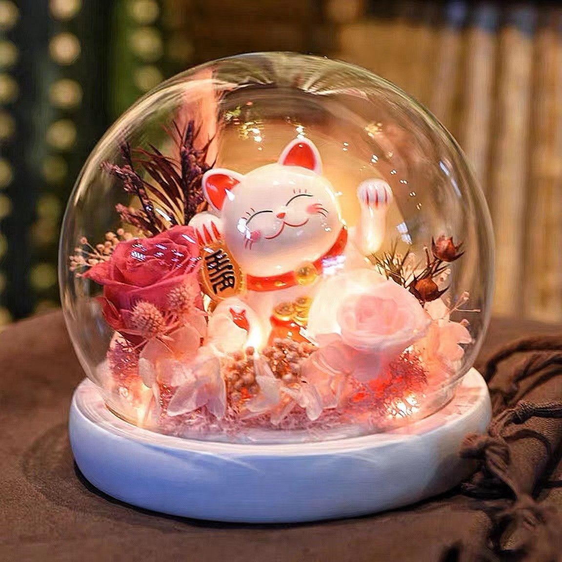 Eternal Flower Rose Night Light with Fortune Cat Car Ornament Preserved Flowers Birthday Gift for Girlfriend or Teacher's Day