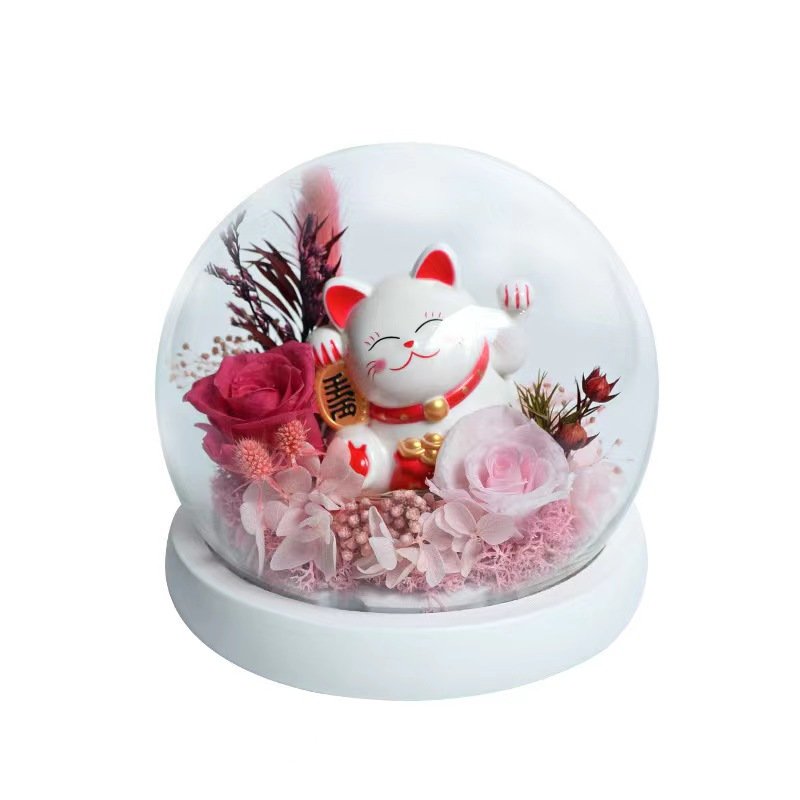 Eternal Flower Rose Night Light with Fortune Cat Car Ornament Preserved Flowers Birthday Gift for Girlfriend or Teacher's Day