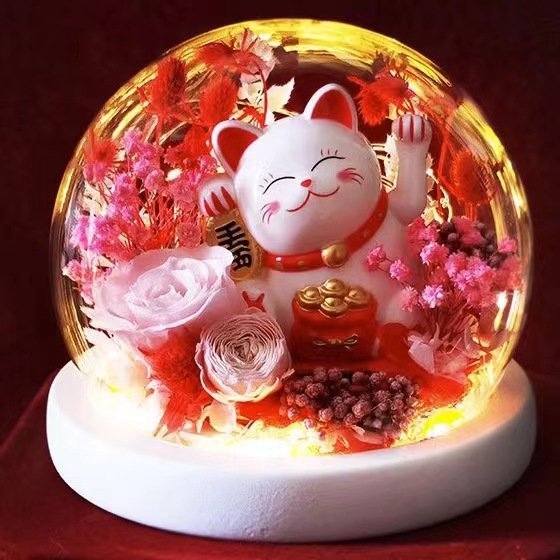 Eternal Flower Rose Night Light with Fortune Cat Car Ornament Preserved Flowers Birthday Gift for Girlfriend or Teacher's Day