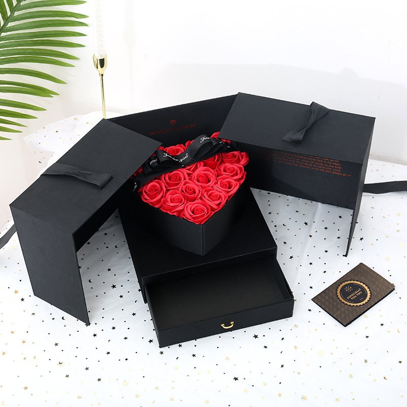 Double door luxury custom design cardboard flower box surprise heart-shaped postage product packaging gift flower box
