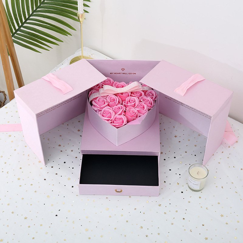 Double door luxury custom design cardboard flower box surprise heart-shaped postage product packaging gift flower box