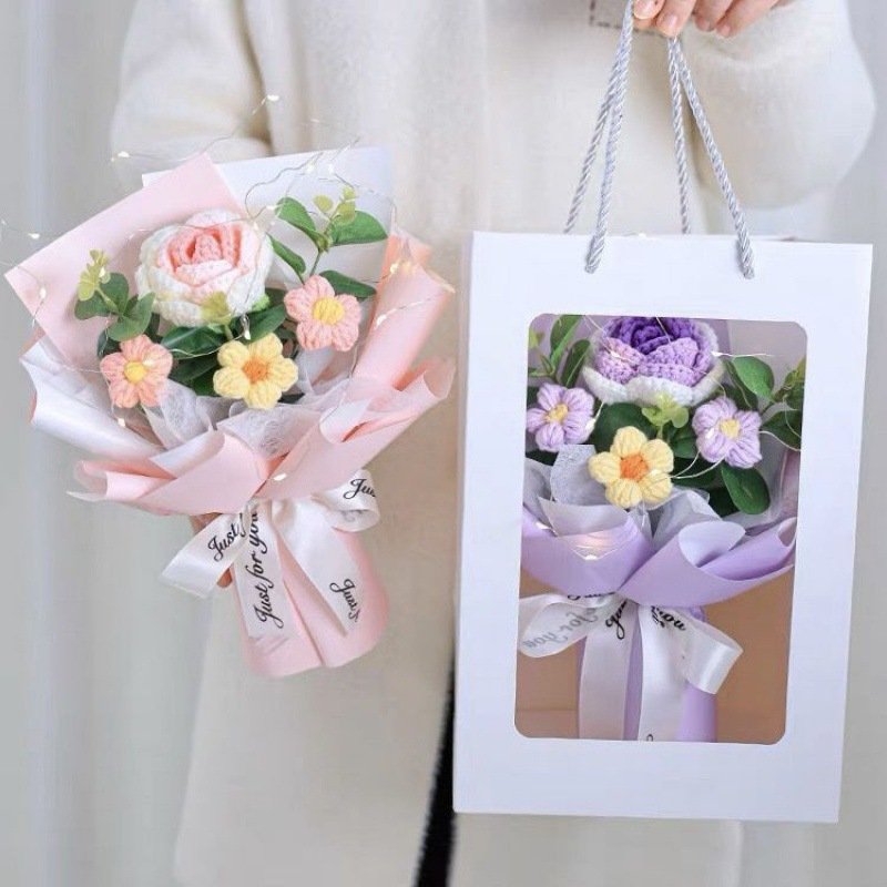 Wholesale Handmade Crochet Knit Flower Knitted Rose Valentine's Day Gift Finished Product Knit Flower Roses Knit Flower Bouquets