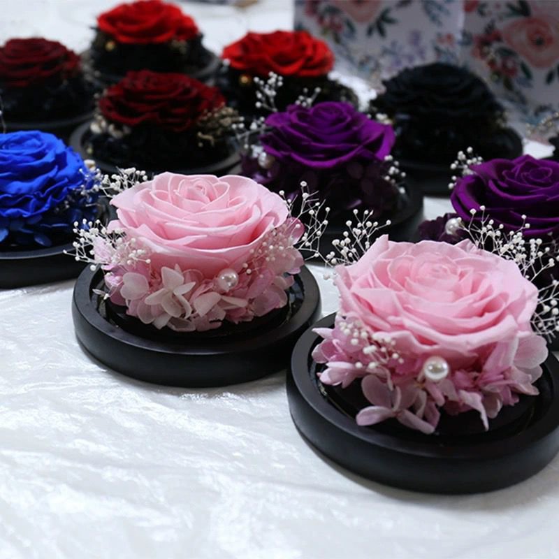 Wholesale Long Life Rose Natural Preserved Rose Glass Dome Forever Real Touch Flower For Valentine's Day Gift