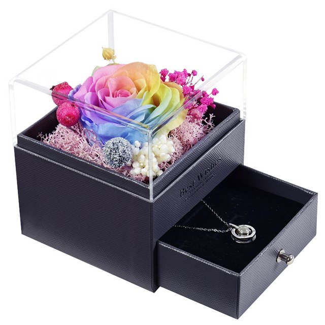 Ammy Custom Acrylic Transparent Cover Eternal Preserved Roses Flower Drawer LED Jewelry Rose Gift Box valentine's day Christmas