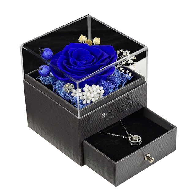 Ammy Custom Acrylic Transparent Cover Eternal Preserved Roses Flower Drawer LED Jewelry Rose Gift Box valentine's day Christmas
