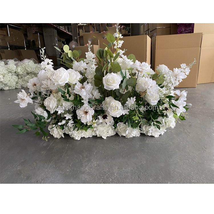 White Rose Green Plant Artificial Flower Row For Wedding Backdrop Floor Floral Arrangement Road Lead Flower Event Props