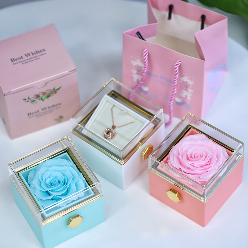 Wholesale Eternal Rose Preserved Flower Forever Preserved Rose Ring Acrylic Box Preserved Flower Rose With Necklace for Her