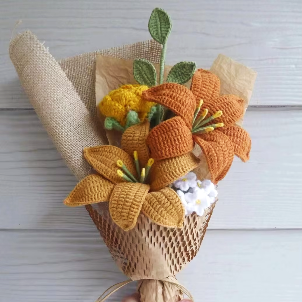 New Cute Bouquet Finished Product Crochet Ornaments Handmade Wool Crochet Rose Bouquet Knitted Flowers