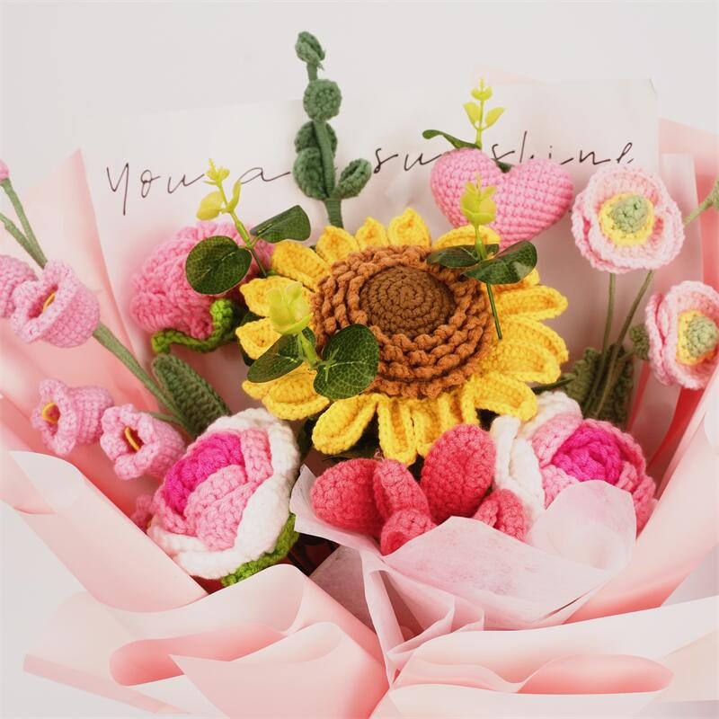 Creative Gifts Handmade Wool Cotton Knit Flower Bouquet Knitted Flower Crochet Flower Birthday Valentines Mothers Day Gifts 2024