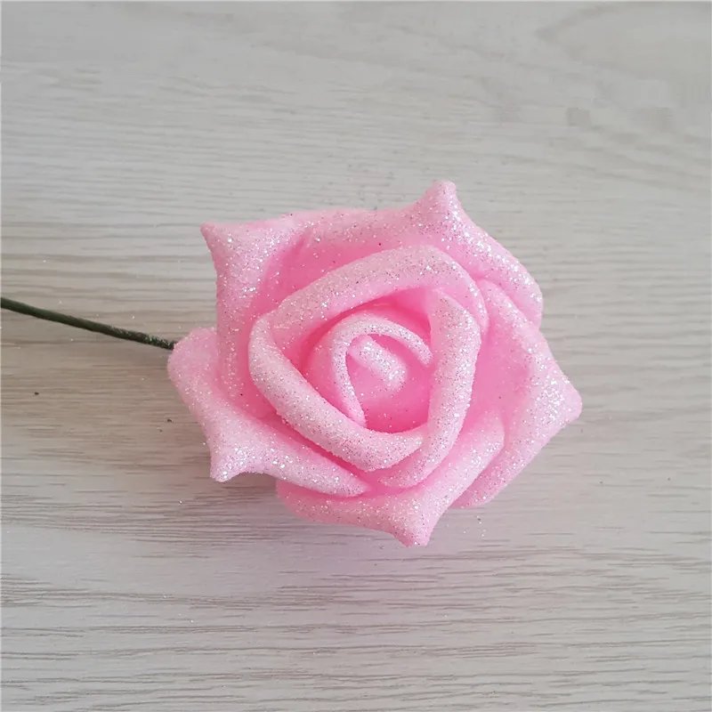 2024 hot sale glitter pe rose flower head spraying gold powder pe foam artificial pink rose flower heads christmas decoration