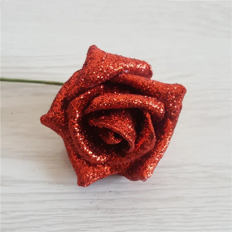 2024 hot sale glitter pe rose flower head spraying gold powder pe foam artificial pink rose flower heads christmas decoration