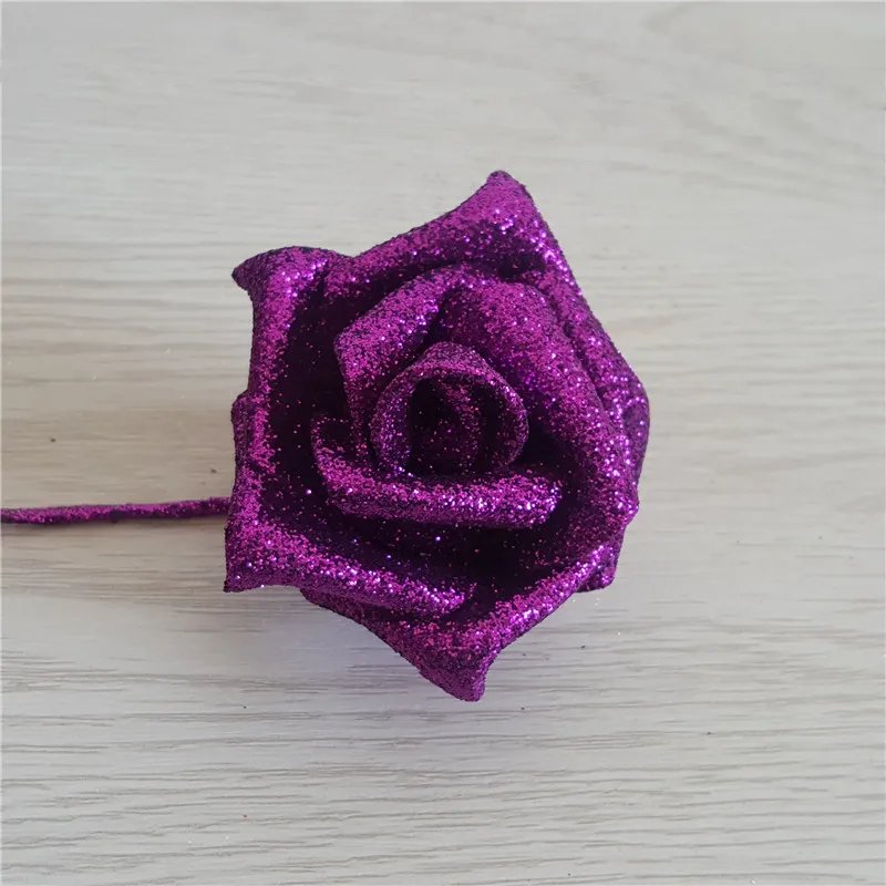 2024 hot sale glitter pe rose flower head spraying gold powder pe foam artificial pink rose flower heads christmas decoration