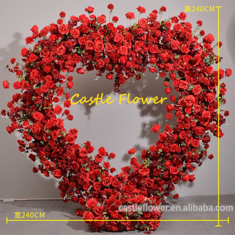 Wholesale Silk Red Rose Heart Shaped Arch Stand Artificial Flower Floral Arrangement Heart Backdrop For Wedding Event Decoration