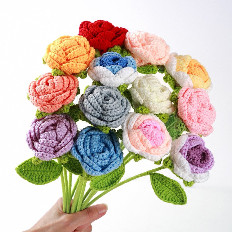 Wholesale Colorful Crochet Knitted Carnation Flowers for Home Accessories Amigurumi Kitting Flower Bouquet Mother Day Gifts