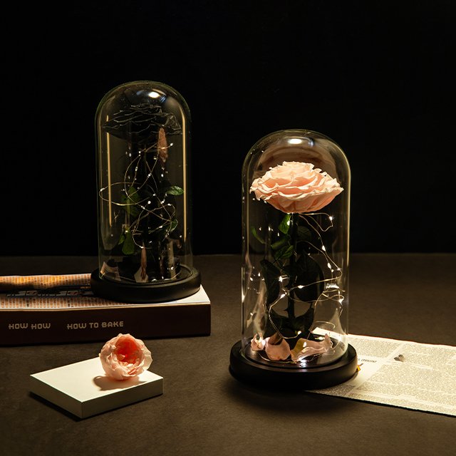 Christmas Gift Set Preserved Flower Box Customized Flower Boxes Preserved Roses In Glass Dome With Led Gift Box Love Gift For Gi