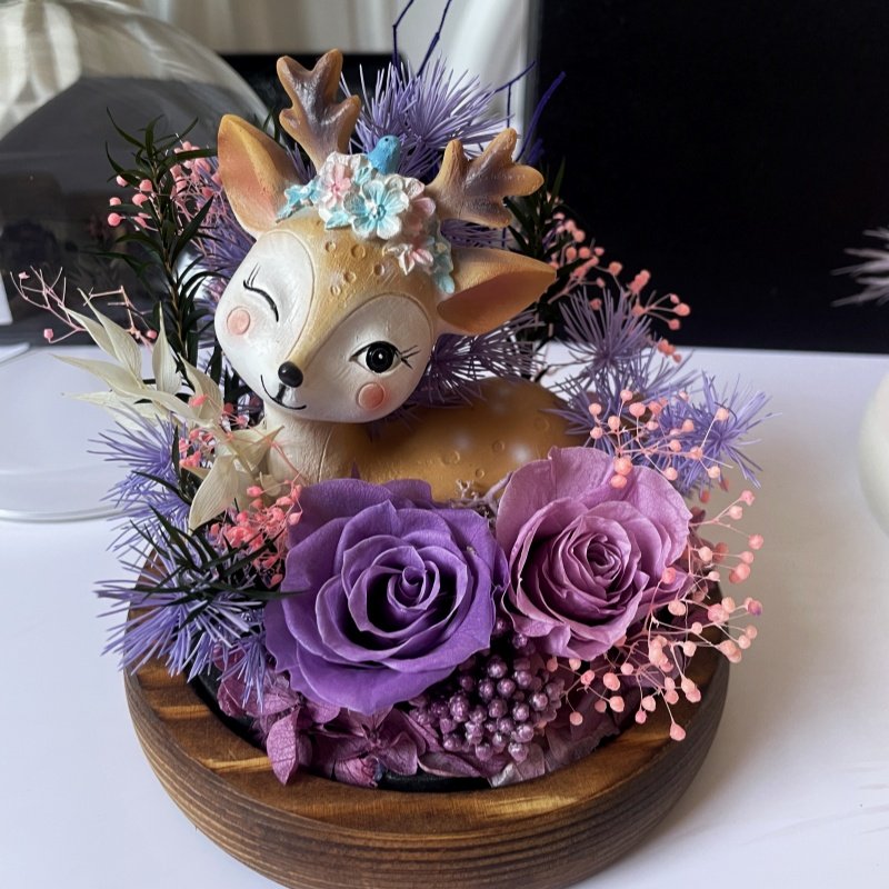 Preserved Rose Flower Valentine's Day Gift Glass Galaxy Dome LED Forever Rose Wood Base Craft Eternal Rose with deer