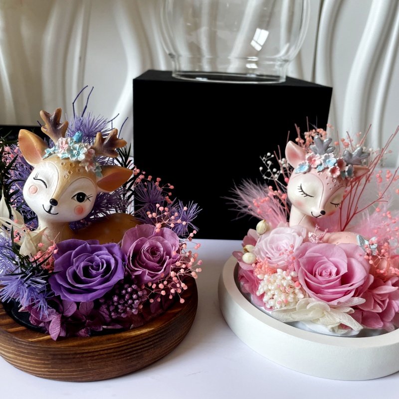 Preserved Rose Flower Valentine's Day Gift Glass Galaxy Dome LED Forever Rose Wood Base Craft Eternal Rose with deer