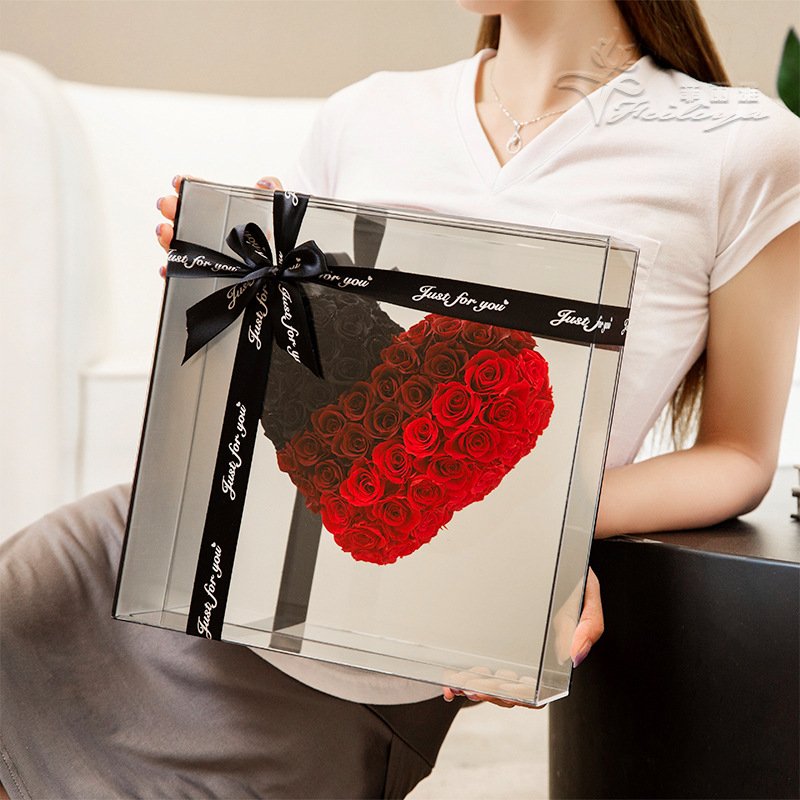 Hot sell Girlfriend Gift Eternal Preserved Heart-shaped Roses in Square Acrylic Box Mirror Surface